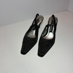 Nina Slingback Heels 6.5M BEADED Shoes Dressy Black Leather soles Classic Luxury